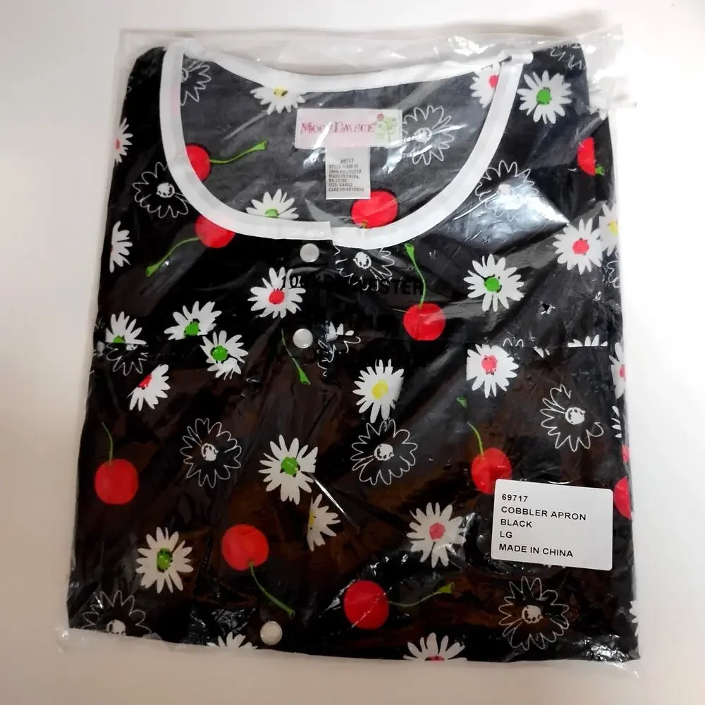 🍒🌼Snap Front Cobbler Apron🧑🏻‍🍳 Cherries Floral Daisies Large Black Red